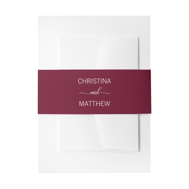 Personalized Modern NAME Burgundy & White Wedding Invitation Belly Band (Front Example)