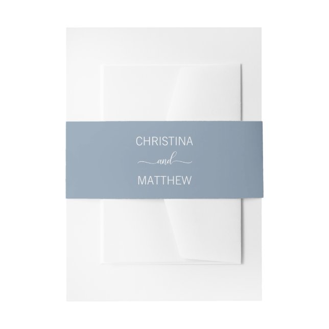 Personalized Modern NAME Dusty Blue White Wedding Invitation Belly Band (Front Example)