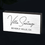 Personalized Modern Name of Home Residence Wooden Box Sign<br><div class="desc">Chic custom wooden tabletop sign features the name of your home residence in modern and chic black handwritten script lettering with simple all-caps location information. Personalize with the name of your home - Villa   Last Name or other preferred title - and the city and state location.</div>