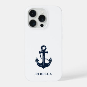 Personalized Modern Nautical Navy Blue Anchor iPhone 15 Pro Case