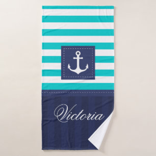 Personalized Modern Navy Blue Nautical Anchor Bath Towel