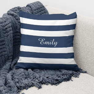 Personalized Modern Navy Blue Stripes Throw Pillow