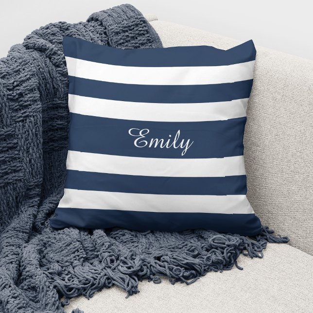Personalized Modern Navy Blue Stripes Throw Pillow (Creator Uploaded)