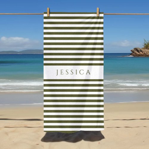 Personalized Modern Olive Green Striped Pattern Beach Towel