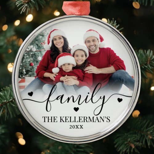 Personalized Modern Overlay Family Photo Metal Ornament