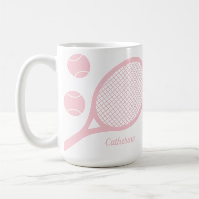 Personalized Modern Pastel Pink Tennis Ball Racket Coffee Mug (Left)