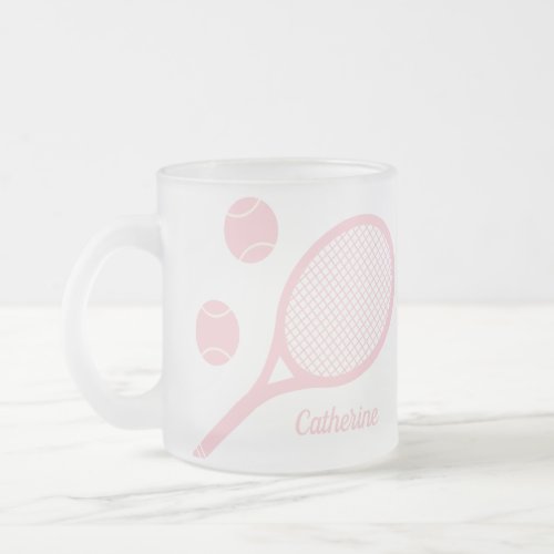 Personalized Modern Pastel Pink Tennis Ball Racket Frosted Glass Coffee Mug