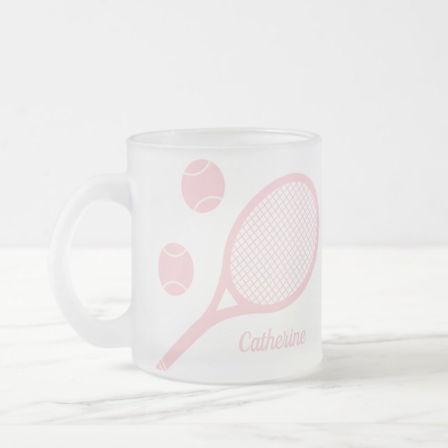 Personalized Modern Pastel Pink Tennis Ball Racket Frosted Glass Coffee Mug (Left)
