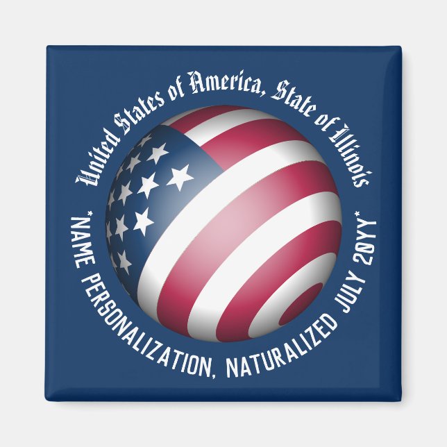 Personalized Modern Patriotic USA Flag Globe, Blue Magnet (Front)