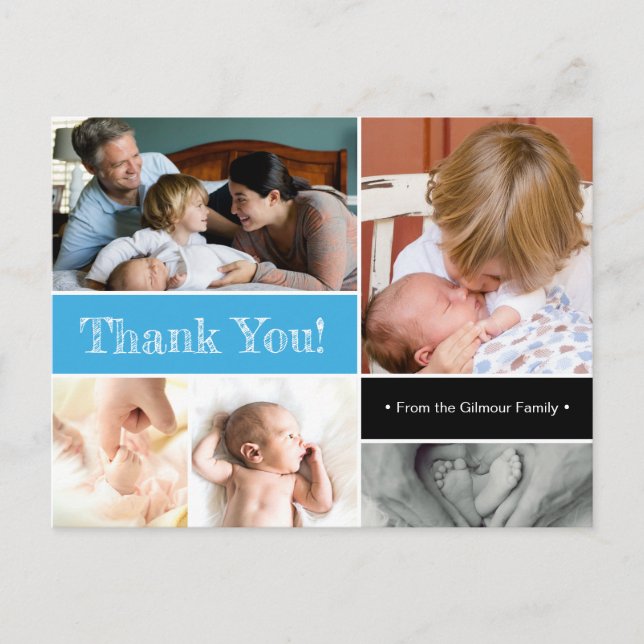 Personalized Modern Photo Collage Blue Thank you Announcement Postcard (Front)