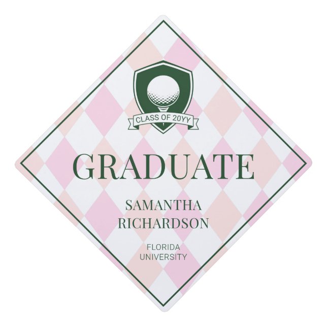 Personalized Modern Pink and Green Golf Graduation Cap Topper (Front)