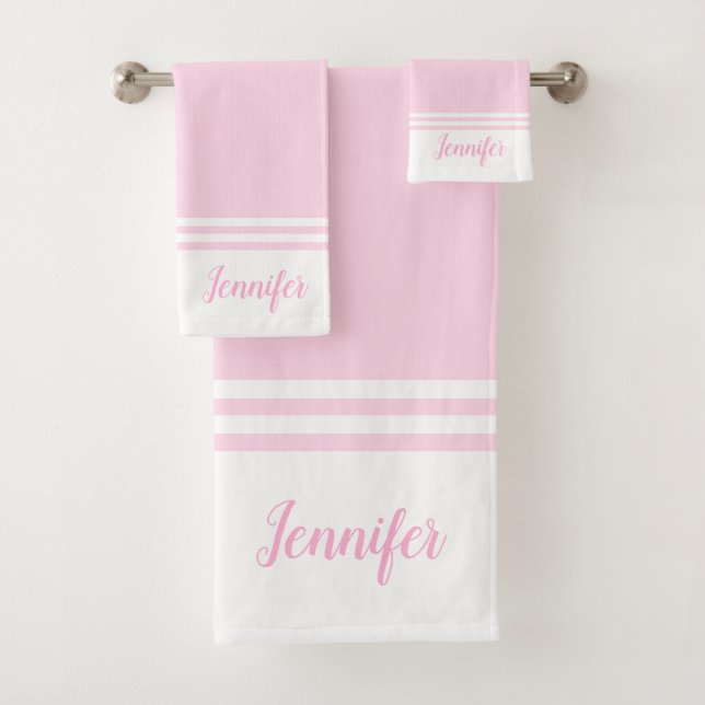 Personalized Modern Pink and White Simple striped Bath Towel Set (Insitu)