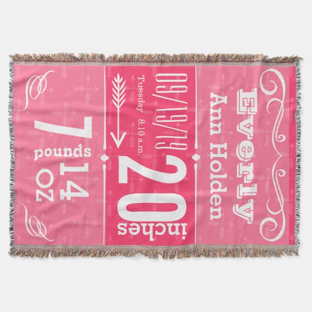 Personalized Modern Pink Birth Stats Throw Blanket (Front)