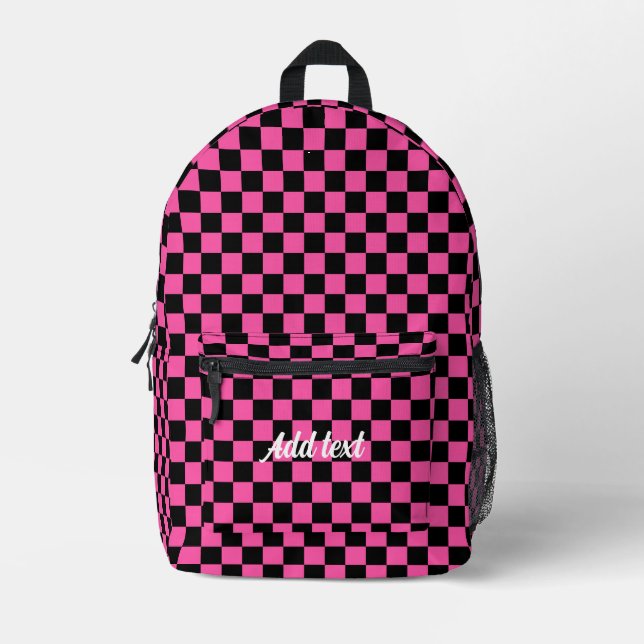 Personalized Modern Pink Black Checkered   Printed Backpack (Front)