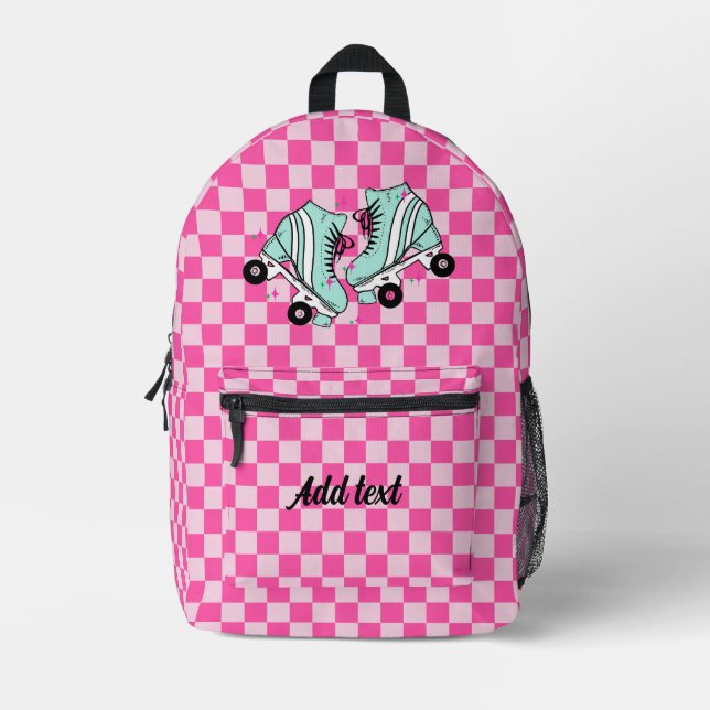 Personalized Modern Pink Checkered Roller Skate Printed Backpack (Front)