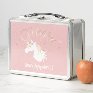 Personalized Modern Pink Magical Unicorn Kids Metal Lunch Box