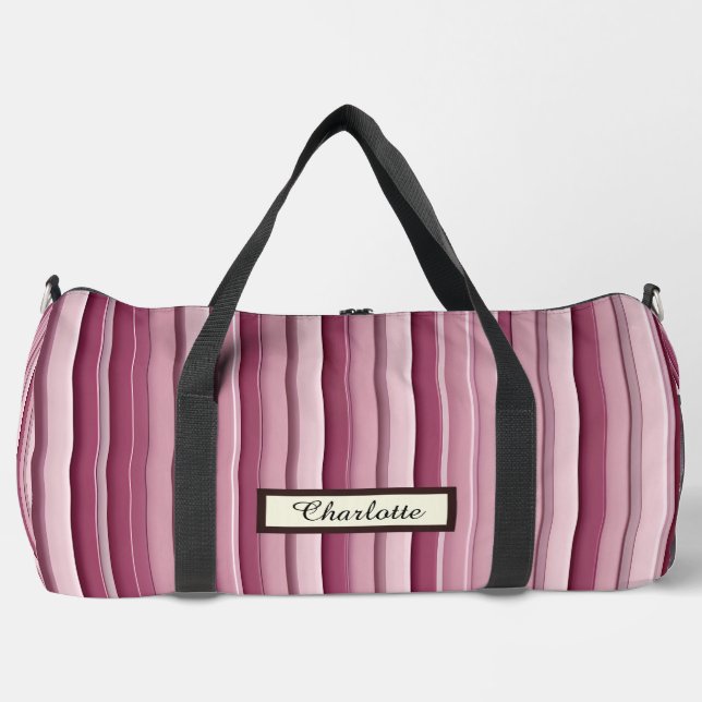 Personalized Modern Pink Mauve Striped Duffle Bag (Front)