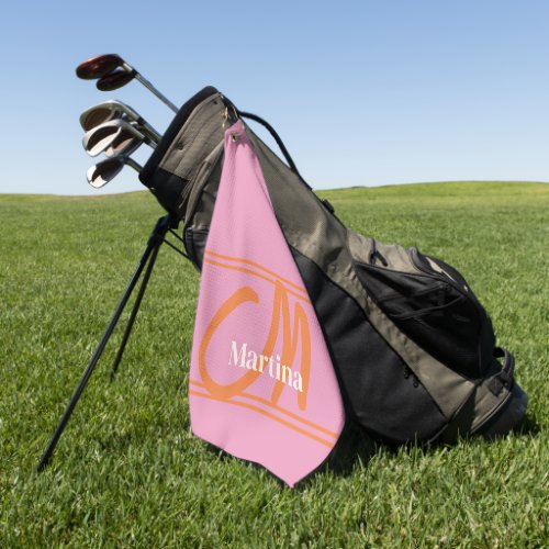 Personalized Modern Pink Orange Monogram Golf Towel