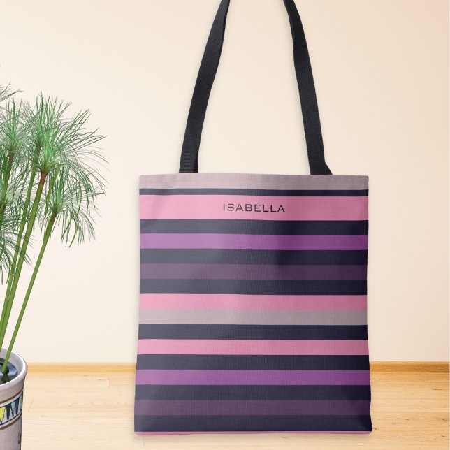 Personalized Modern Pink Purple Stripe Patterned Tote Bag (A stylish tote bag with pink, lilac and purple striped print, personalized with a name at the top)