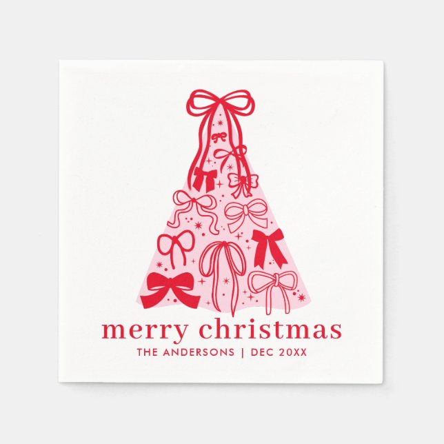Personalized Modern Pink Red Bows Christmas  Napkins (Front)