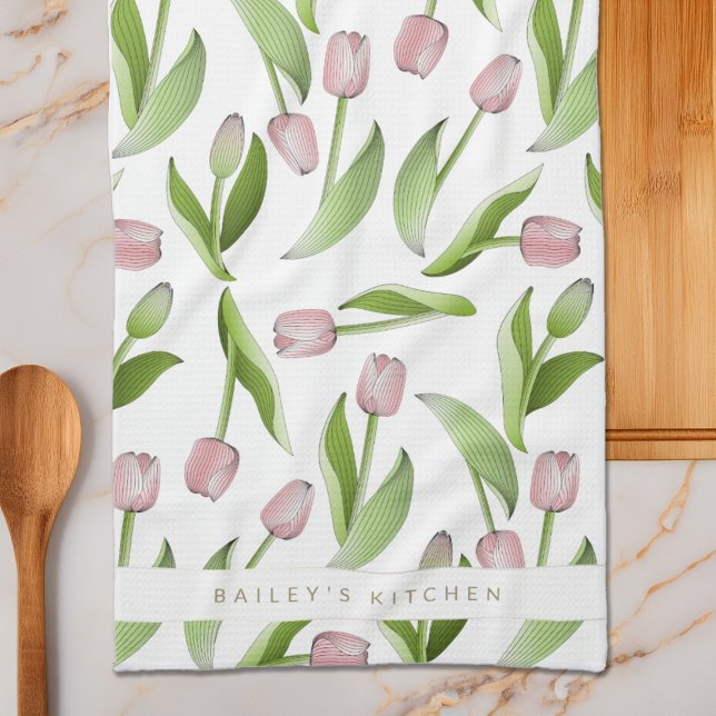 Personalized Modern Pink Tulip Kitchen Towel (Creator Uploaded)