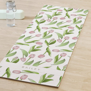 Personalized Modern Pink Tulip Pattern Yoga Mat