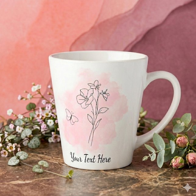 Personalized Modern Pink Watercolor Coffee Mug (Modern minimal style coffee mug with pink watercolor splash, line art, and a customizable text)
