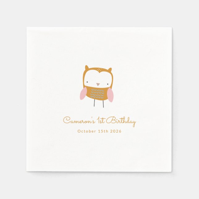 Personalized Modern Pink Yellow Owl 1st Birthday Napkins (Front)