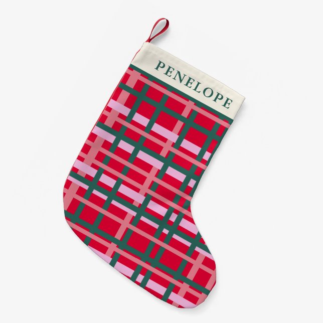Personalized Modern Plaid Christmas Bold Red Green Small Christmas Stocking (Front (Hanging))