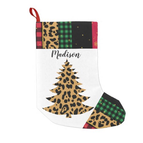 Personalized Modern Plaid Leopard Christmas Tree Small Christmas Stocking