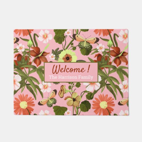 Personalized Modern Pretty Pink Floral Family Name Doormat