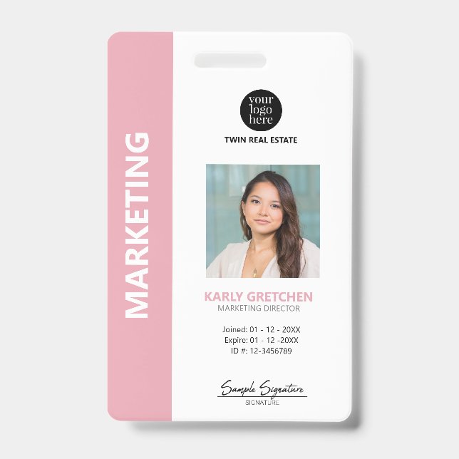 Personalized Modern Professional Employee ID Pink Badge (Front)