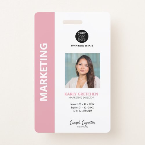 Personalized Modern Professional Employee ID Pink Badge