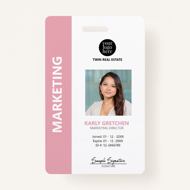Personalized Modern Professional Employee ID Pink Badge (Front)