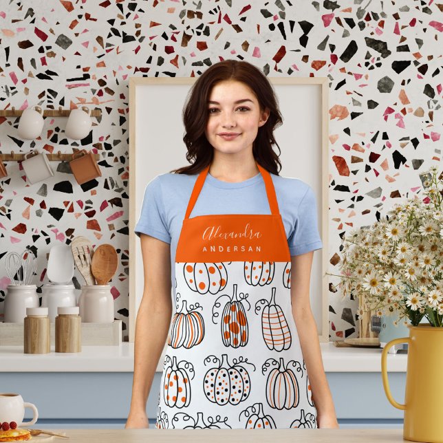 Personalized Modern Pumpkin Pattern  Apron (Orange Pumpkin Pattern Script Name Chef Monogram Apron)