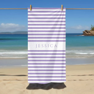 Personalized Modern Purple Striped Pattern Beach Towel