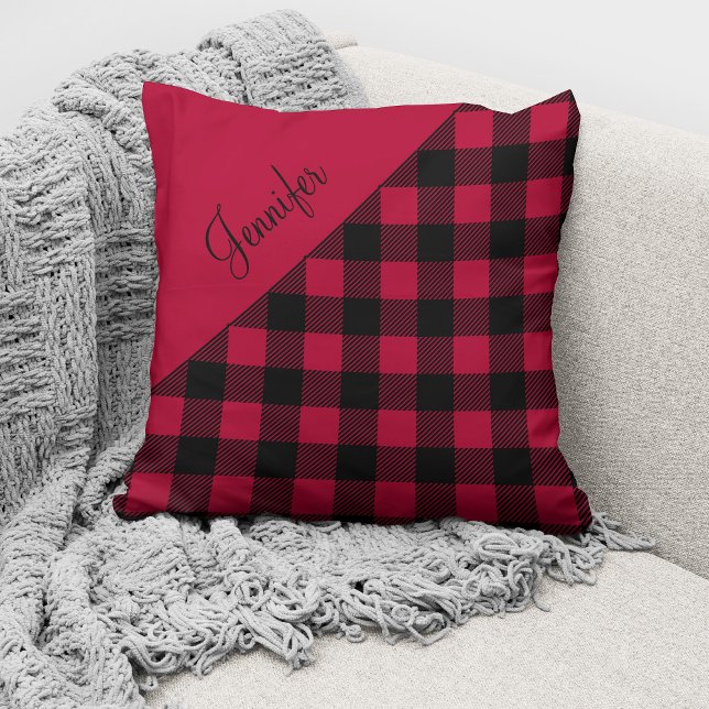 Personalized Modern Red Plaid Throw Pillow (Creator Uploaded)