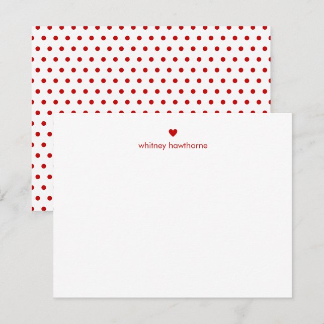 Personalized Modern Red Polka Dots & Heart Note Card (Front/Back)