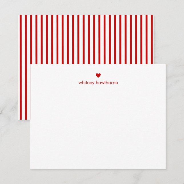Personalized Modern Red Stripes & Heart Note Card (Front/Back)