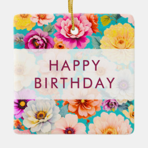 Personalized Modern Retro Floral Birthday Ceramic Ornament