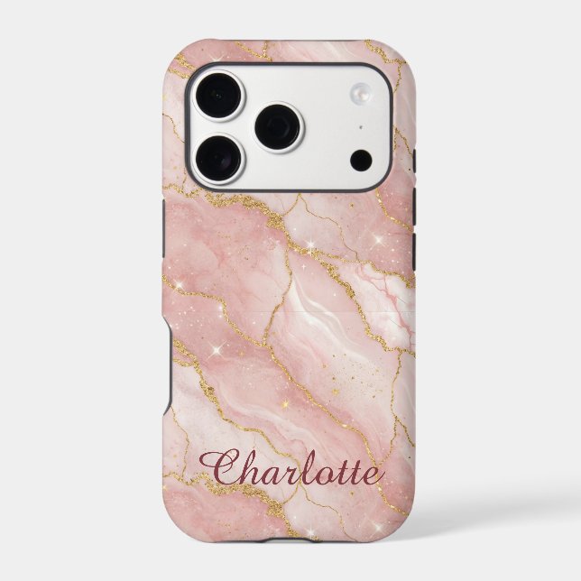 Personalized Modern Rose Quartz Marble Gold Case-Mate iPhone Case (Back)