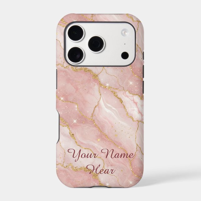 Personalized Modern Rose Quartz Marble Gold iPhone Case (Back)