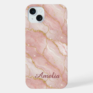 Personalized Modern Rose Quartz Marble Gold iPhone 15 Plus Case
