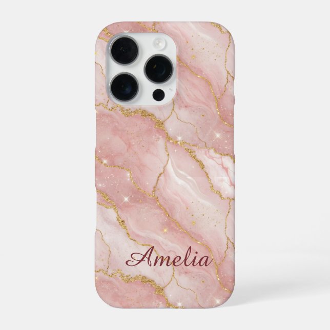 Personalized Modern Rose Quartz Marble Gold iPhone Case (Back)