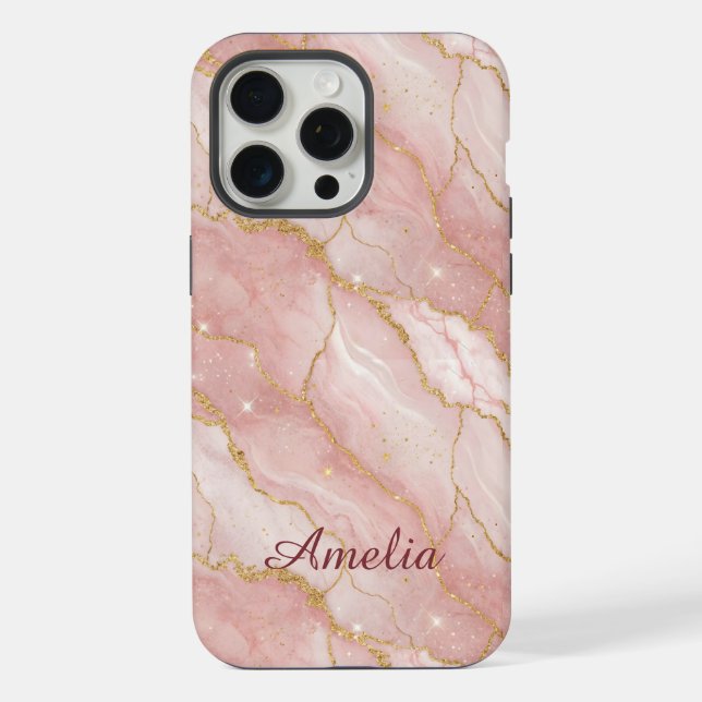 Personalized Modern Rose Quartz Marble Gold iPhone Case (Back)