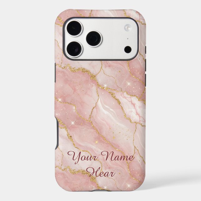 Personalized Modern Rose Quartz Marble Gold iPhone Case (Back)