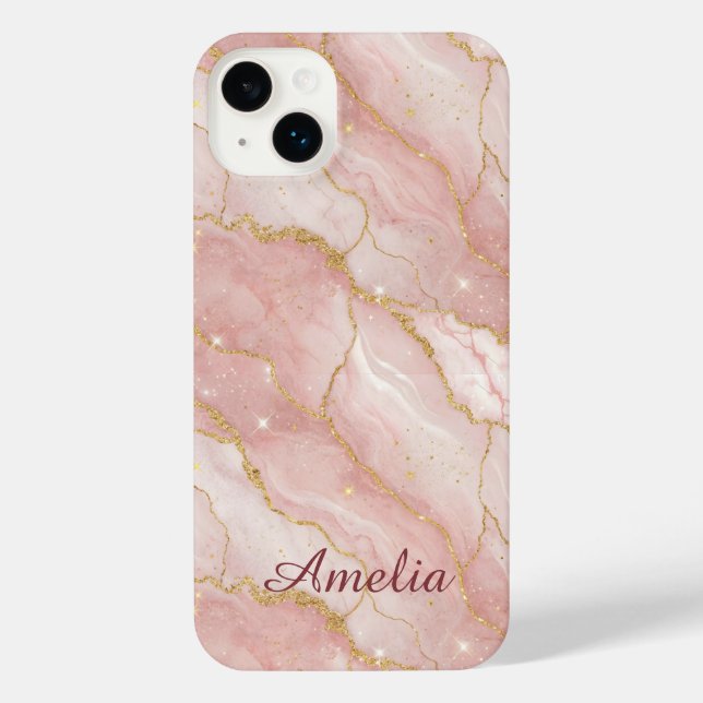 Personalized Modern Rose Quartz Marble Gold iPhone Case (Back)