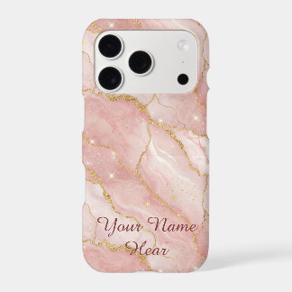 Personalized Modern Rose Quartz Marble Gold iPhone 17 Pro Case