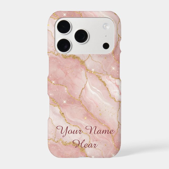 Personalized Modern Rose Quartz Marble Gold iPhone Case (Back)