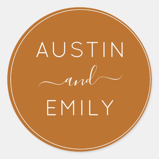 Personalized Modern Rust Orange Wedding Classic Round Sticker (Front)